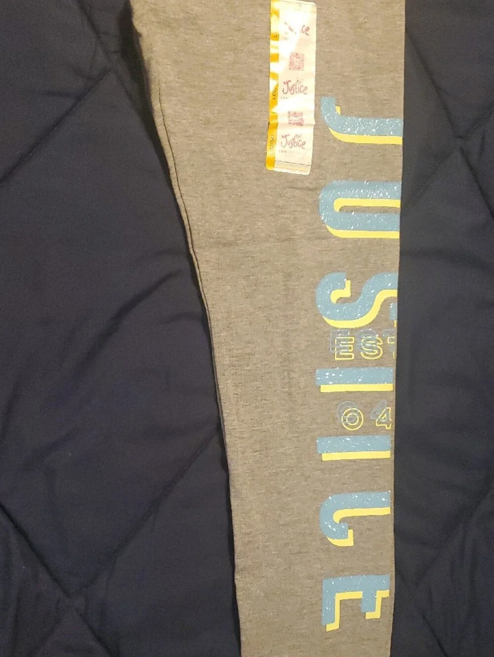 Justice Grey Leggings with Blue and Yellow Glitter Accent